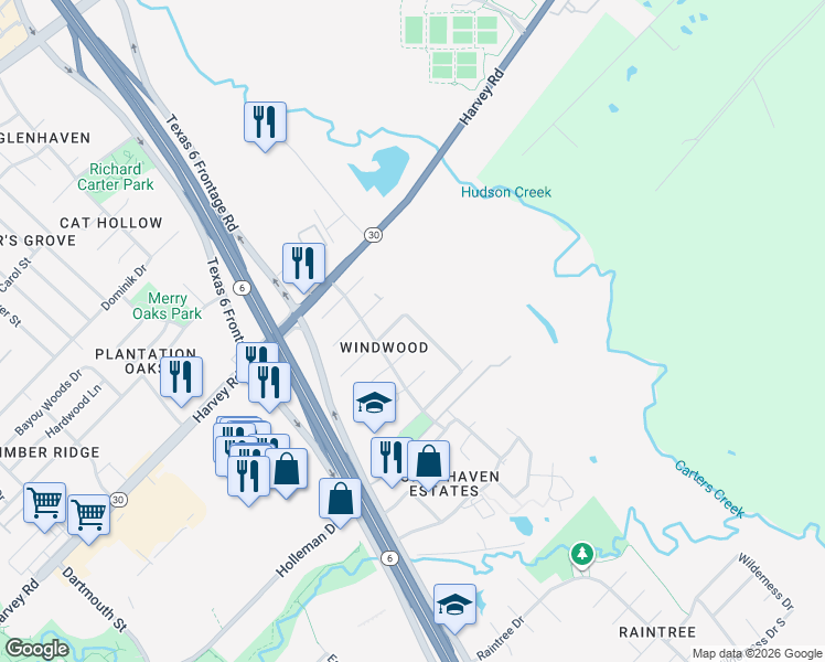 map of restaurants, bars, coffee shops, grocery stores, and more near 6402 Windwood Drive in College Station