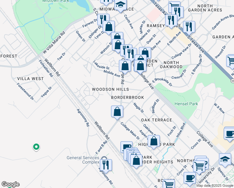map of restaurants, bars, coffee shops, grocery stores, and more near 4100 Old College Road in Bryan