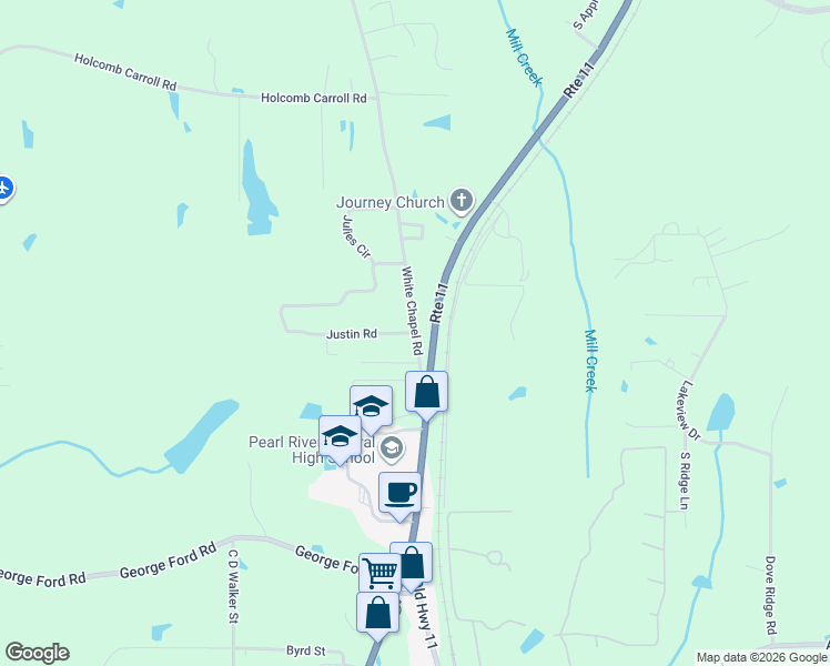 map of restaurants, bars, coffee shops, grocery stores, and more near 1 Justin Road in Carriere