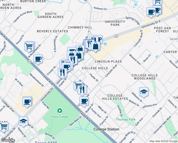 map of restaurants, bars, coffee shops, grocery stores, and more near 621 Pasler Street in College Station