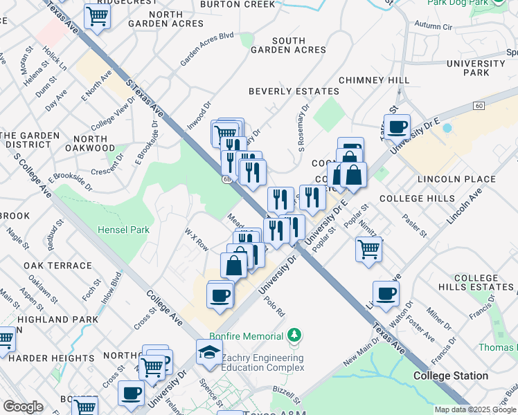 map of restaurants, bars, coffee shops, grocery stores, and more near 4575 South Texas Avenue in Bryan