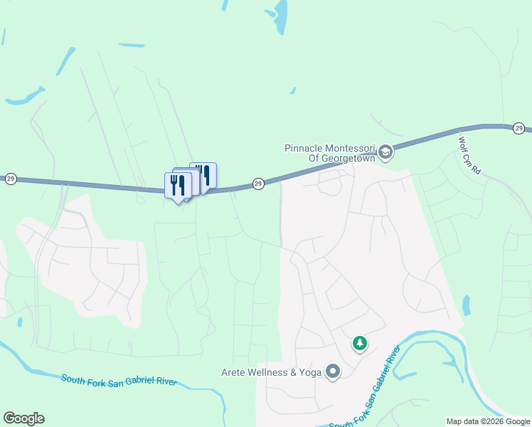 map of restaurants, bars, coffee shops, grocery stores, and more near 2965 Texas 29 in Georgetown