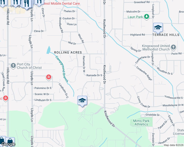 map of restaurants, bars, coffee shops, grocery stores, and more near 5722 Ramada Drive South in Mobile