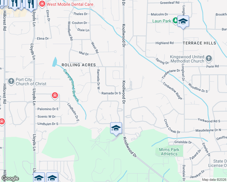 map of restaurants, bars, coffee shops, grocery stores, and more near 5722 Ramada Drive South in Mobile
