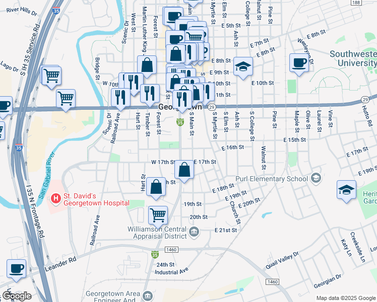 map of restaurants, bars, coffee shops, grocery stores, and more near 1602 South Main Street in Georgetown