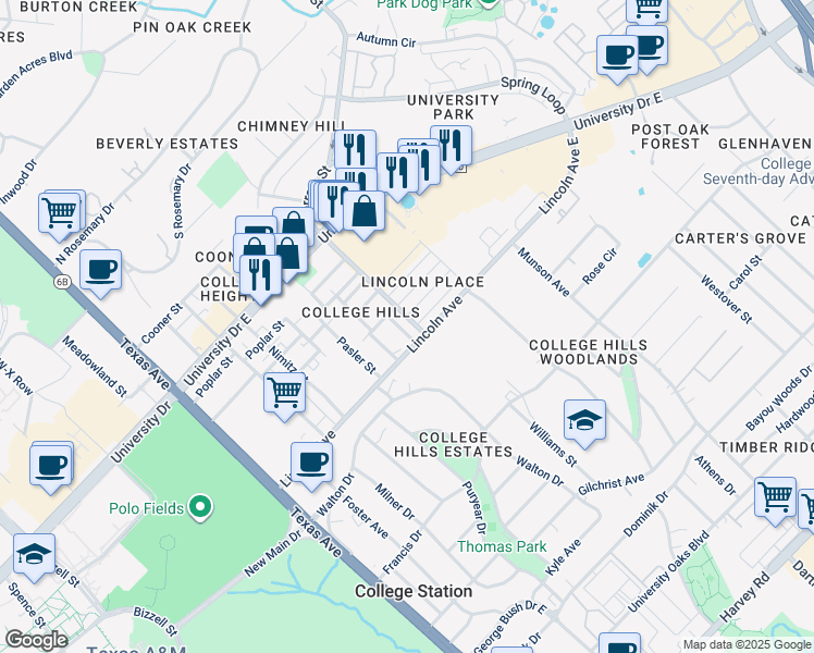 map of restaurants, bars, coffee shops, grocery stores, and more near 819 Avenue B in College Station