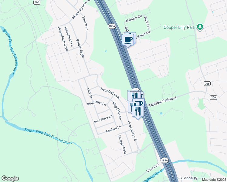 map of restaurants, bars, coffee shops, grocery stores, and more near 204 Hoot Owl Lane North in Leander