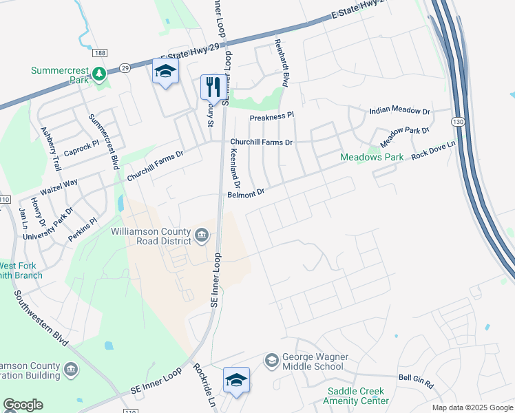 map of restaurants, bars, coffee shops, grocery stores, and more near 1900 Cliffbrake Way in Georgetown