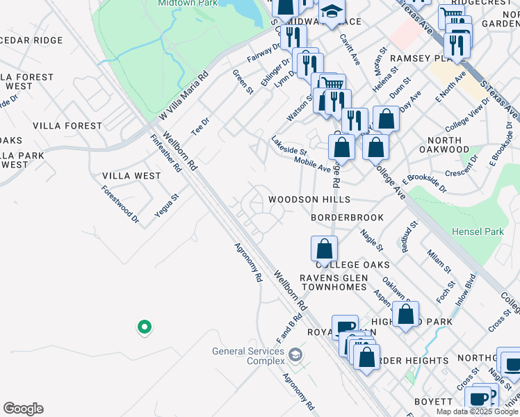 map of restaurants, bars, coffee shops, grocery stores, and more near 3645 Wellborn Road in Bryan