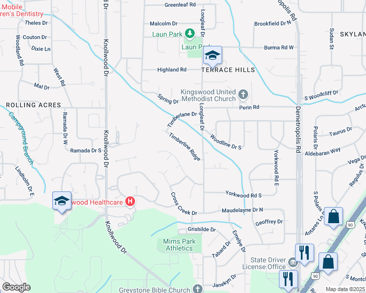 map of restaurants, bars, coffee shops, grocery stores, and more near 5383 Timberline Ridge in Mobile