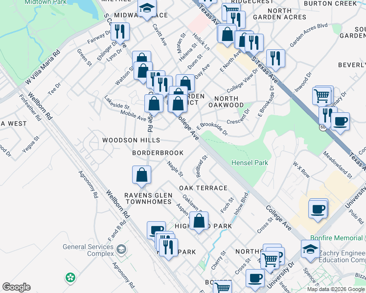 map of restaurants, bars, coffee shops, grocery stores, and more near 106 Greenway Drive in Bryan