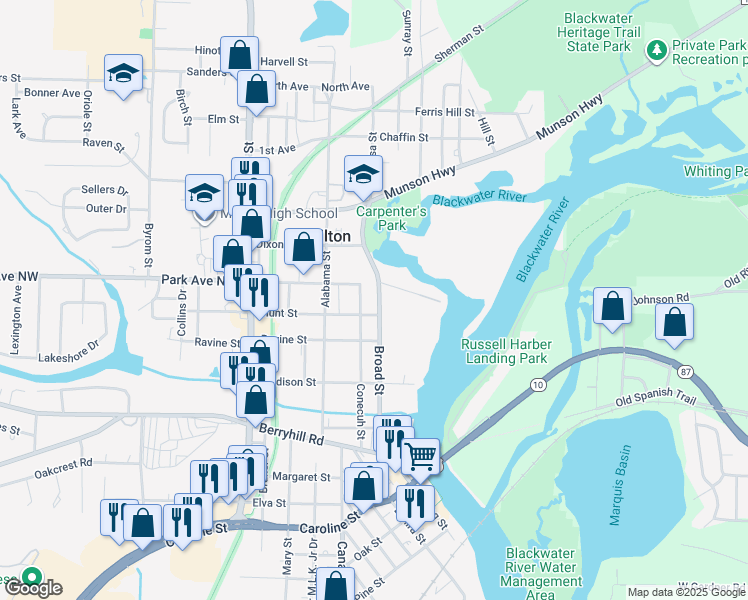 map of restaurants, bars, coffee shops, grocery stores, and more near 5387 Broad Street in Milton