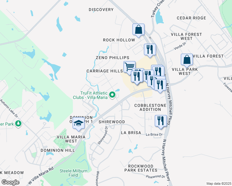 map of restaurants, bars, coffee shops, grocery stores, and more near 1824 West Villa Maria Road in Bryan