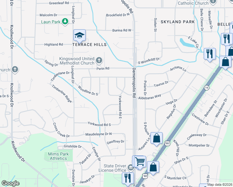 map of restaurants, bars, coffee shops, grocery stores, and more near 5110 Starlit Drive South in Mobile