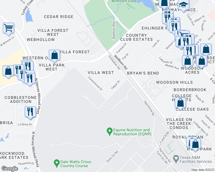 map of restaurants, bars, coffee shops, grocery stores, and more near 811 Blanco Lane in Bryan