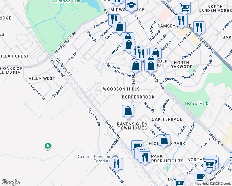 map of restaurants, bars, coffee shops, grocery stores, and more near 607 Olive Street in Bryan