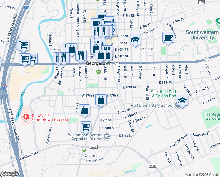 map of restaurants, bars, coffee shops, grocery stores, and more near 104 East 16th Street in Georgetown