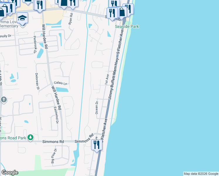 map of restaurants, bars, coffee shops, grocery stores, and more near 2606 1st Avenue in Fernandina Beach