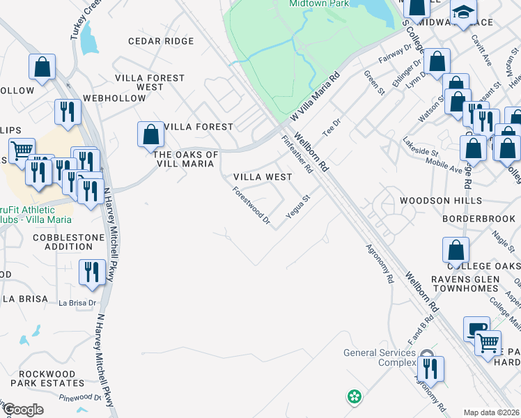 map of restaurants, bars, coffee shops, grocery stores, and more near 3603 Forestwood Drive in Bryan