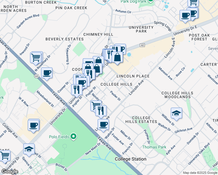 map of restaurants, bars, coffee shops, grocery stores, and more near 621 Pasler Street in College Station