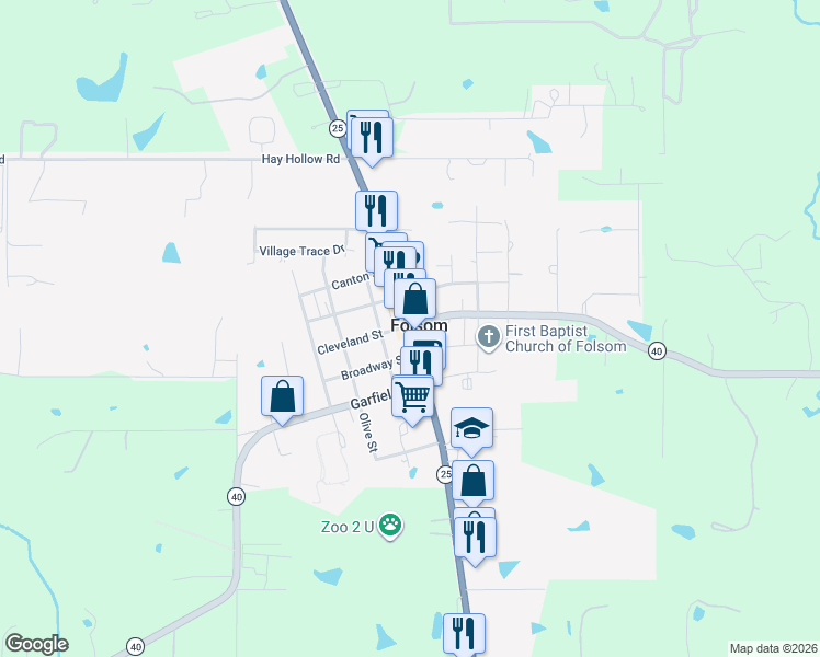 map of restaurants, bars, coffee shops, grocery stores, and more near Louisiana 25 in Folsom