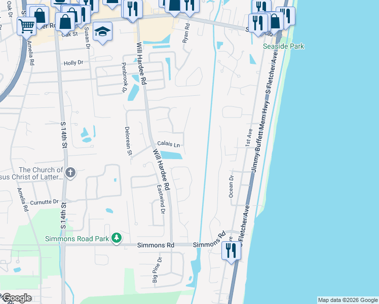 map of restaurants, bars, coffee shops, grocery stores, and more near 2730 Le Sabre Place in Fernandina Beach