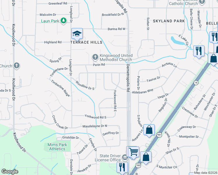 map of restaurants, bars, coffee shops, grocery stores, and more near 5110 Starlit Drive South in Mobile