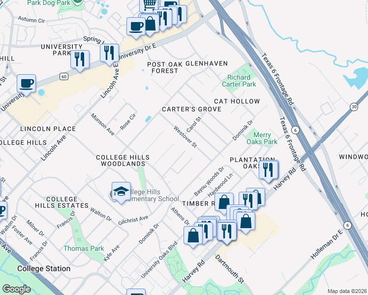 map of restaurants, bars, coffee shops, grocery stores, and more near 1017 Lyceum Court in College Station