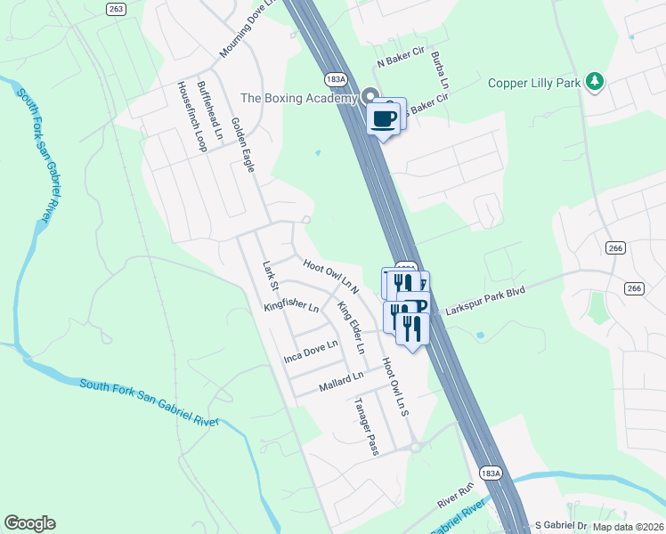 map of restaurants, bars, coffee shops, grocery stores, and more near 212 Hoot Owl Lane South in Leander