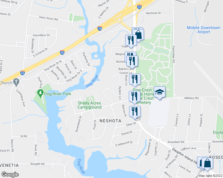 map of restaurants, bars, coffee shops, grocery stores, and more near 2058 Kentwood Lane in Mobile