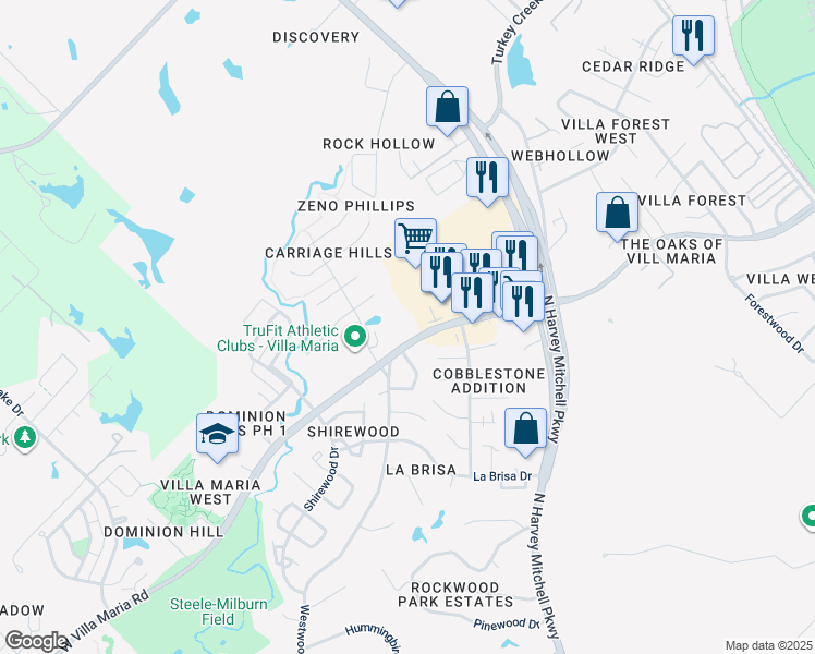 map of restaurants, bars, coffee shops, grocery stores, and more near 1642 West Villa Maria Road in Bryan