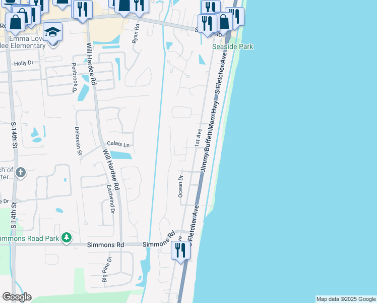 map of restaurants, bars, coffee shops, grocery stores, and more near 101 Mizell Avenue in Fernandina Beach