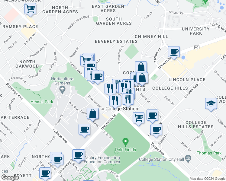 map of restaurants, bars, coffee shops, grocery stores, and more near 111 Cooner Street in College Station