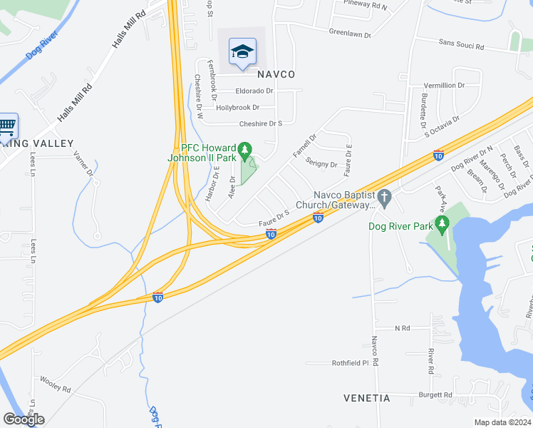 map of restaurants, bars, coffee shops, grocery stores, and more near 1608 Epinet Drive in Mobile