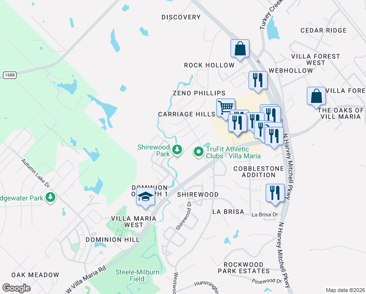 map of restaurants, bars, coffee shops, grocery stores, and more near 1714 Beaver Pond Ct in Bryan