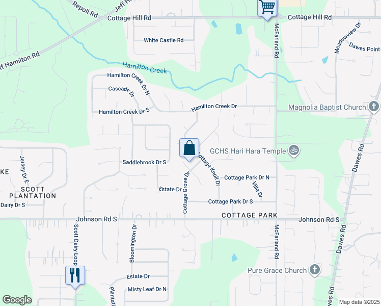 map of restaurants, bars, coffee shops, grocery stores, and more near 2941 Bungalow Court North in Mobile
