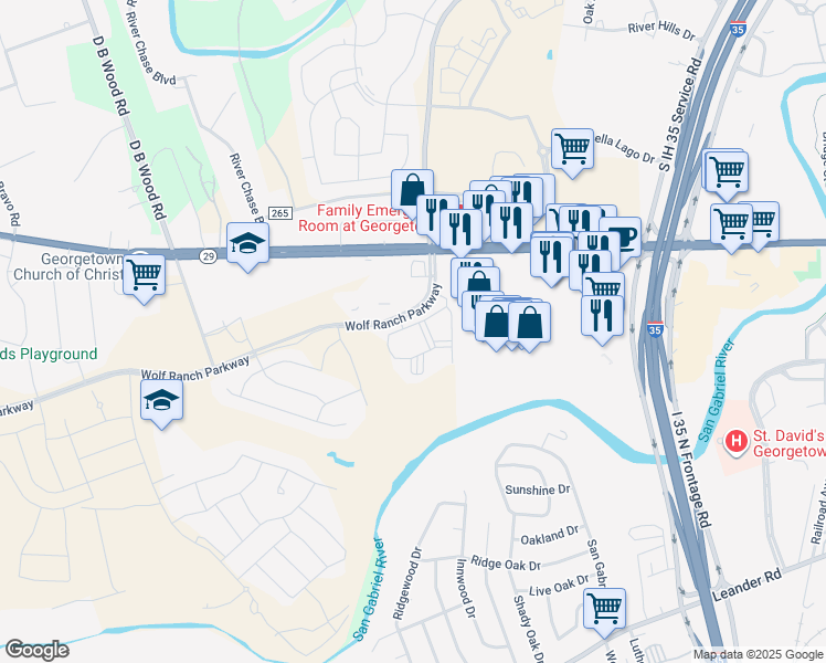 map of restaurants, bars, coffee shops, grocery stores, and more near Wolf Ranch Parkway in Georgetown