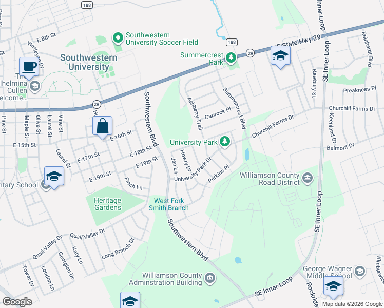 map of restaurants, bars, coffee shops, grocery stores, and more near 2219 Howry Drive in Georgetown