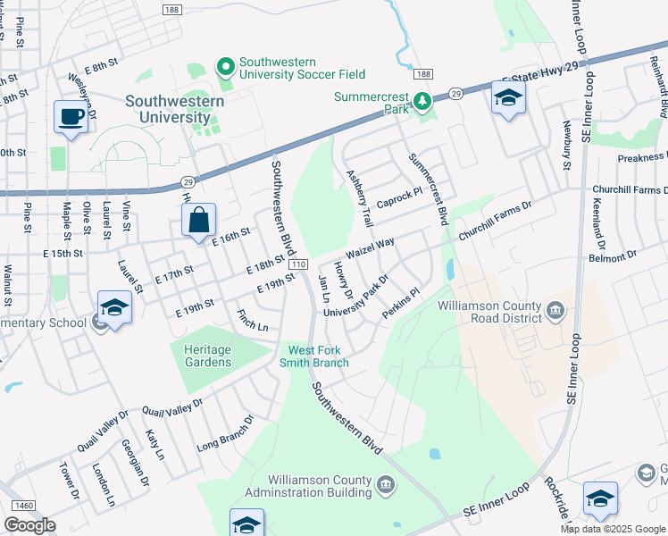 map of restaurants, bars, coffee shops, grocery stores, and more near 2206 Howry Drive in Georgetown