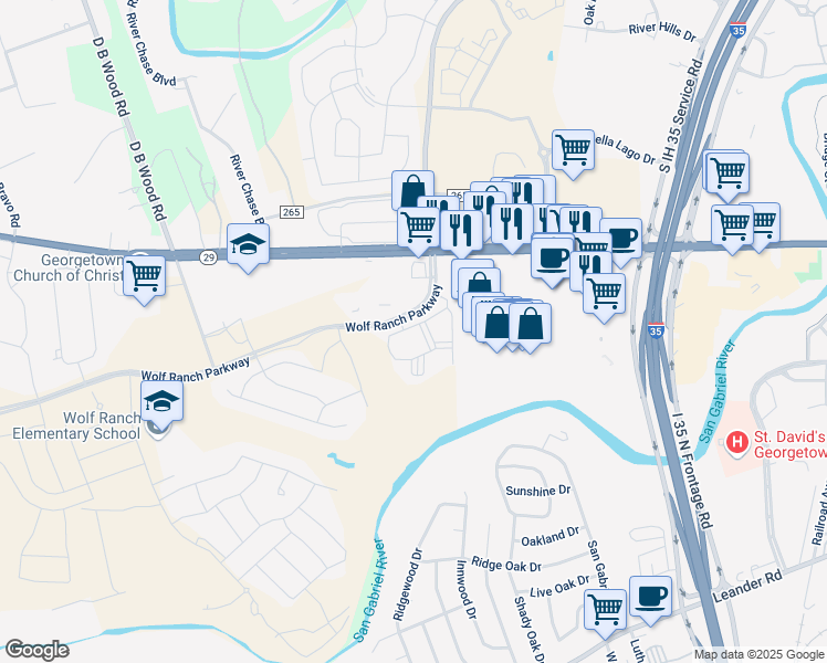 map of restaurants, bars, coffee shops, grocery stores, and more near 2323 Wolf Ranch Parkway in Georgetown