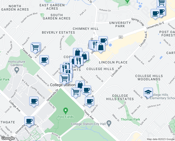 map of restaurants, bars, coffee shops, grocery stores, and more near 609 Turner Street in College Station