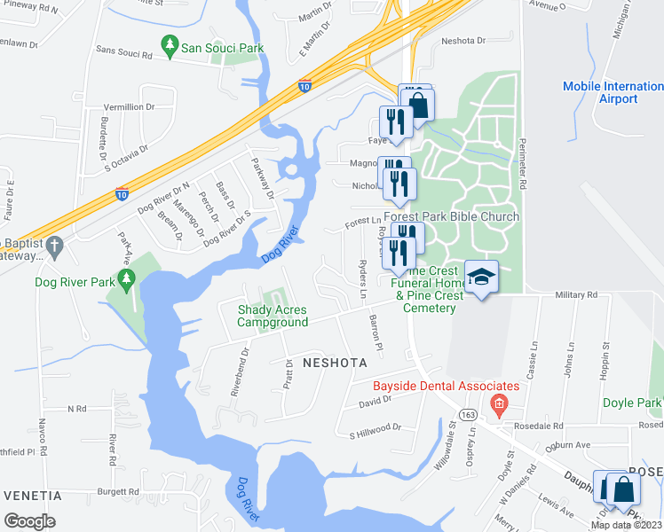 map of restaurants, bars, coffee shops, grocery stores, and more near 2060 Kentwood Lane in Mobile