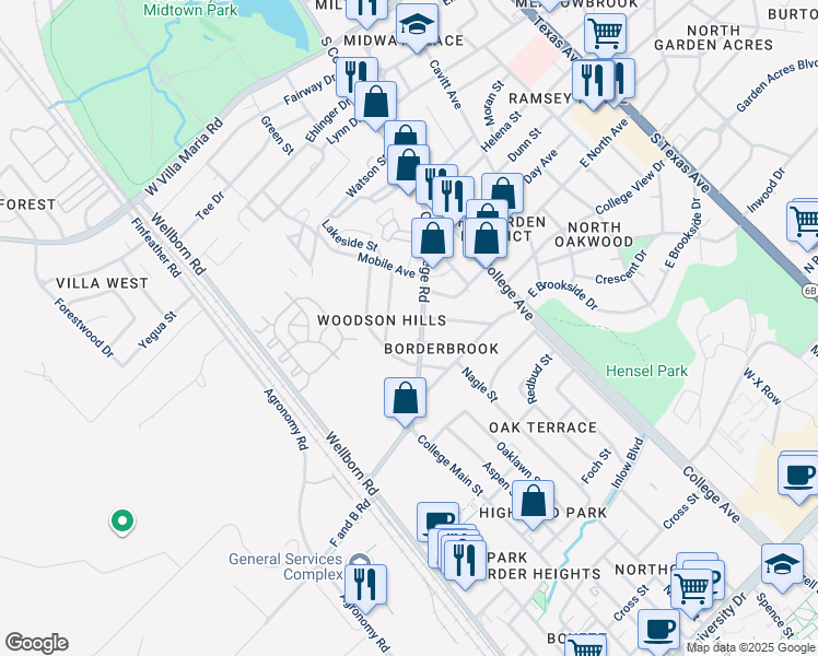 map of restaurants, bars, coffee shops, grocery stores, and more near 4100 Old College Road in Bryan