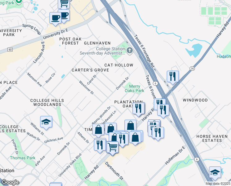 map of restaurants, bars, coffee shops, grocery stores, and more near 1400 Dominik Drive in College Station