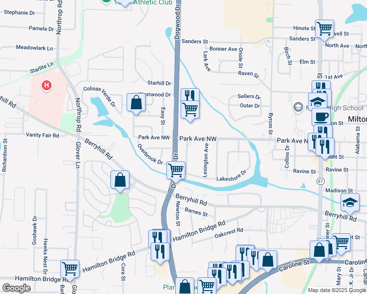 map of restaurants, bars, coffee shops, grocery stores, and more near 5362 Dogwood Drive in Milton