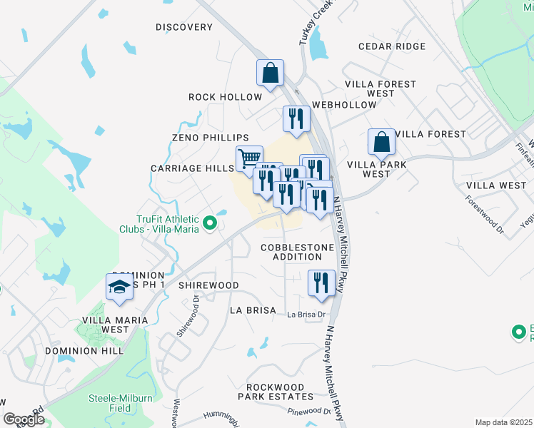 map of restaurants, bars, coffee shops, grocery stores, and more near 1820 West Villa Maria Road in Bryan