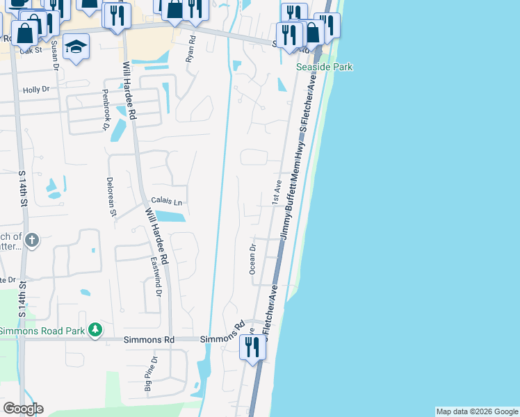 map of restaurants, bars, coffee shops, grocery stores, and more near 101 Mizell Avenue in Fernandina Beach