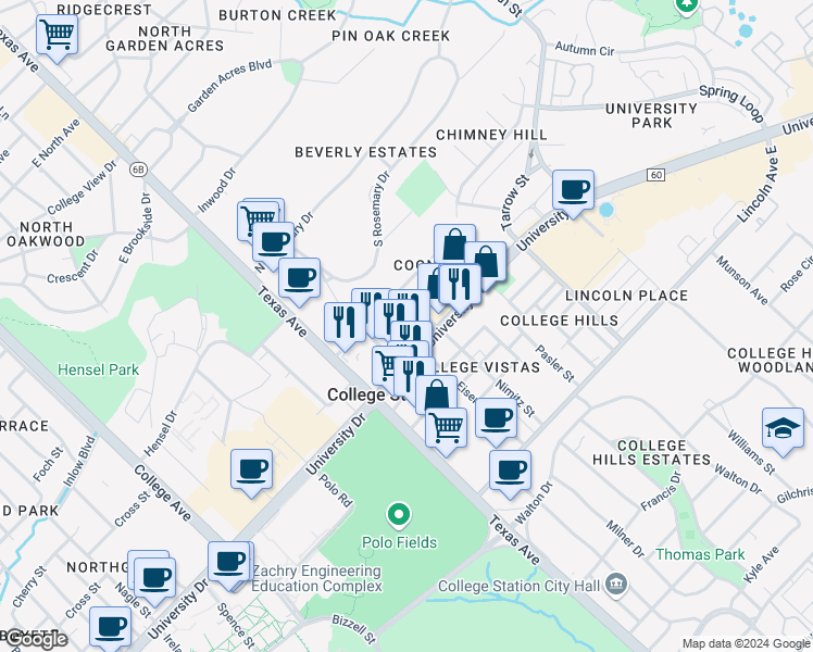 map of restaurants, bars, coffee shops, grocery stores, and more near 413 Eisenhower Street in College Station