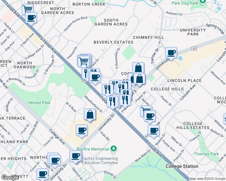 map of restaurants, bars, coffee shops, grocery stores, and more near 111 Cooner Street in College Station