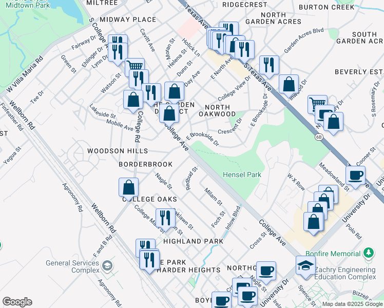 map of restaurants, bars, coffee shops, grocery stores, and more near 4100 College Avenue in College Station